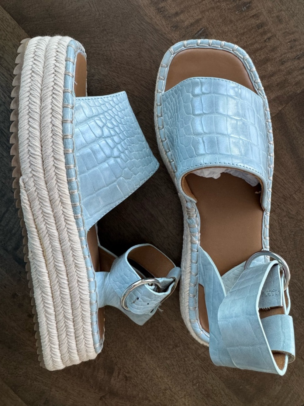 ASOS Light Blue Croc-Embossed Platform Espadrille Sandals